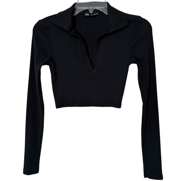 Zara Ribbed Polo Collar Cropped Top Black S - Picture 1 of 4